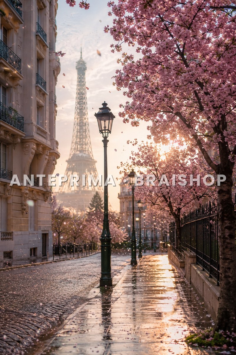 Wall art Parigi primavera con ciliegi e Tour Eiffel anteprima BraiShop